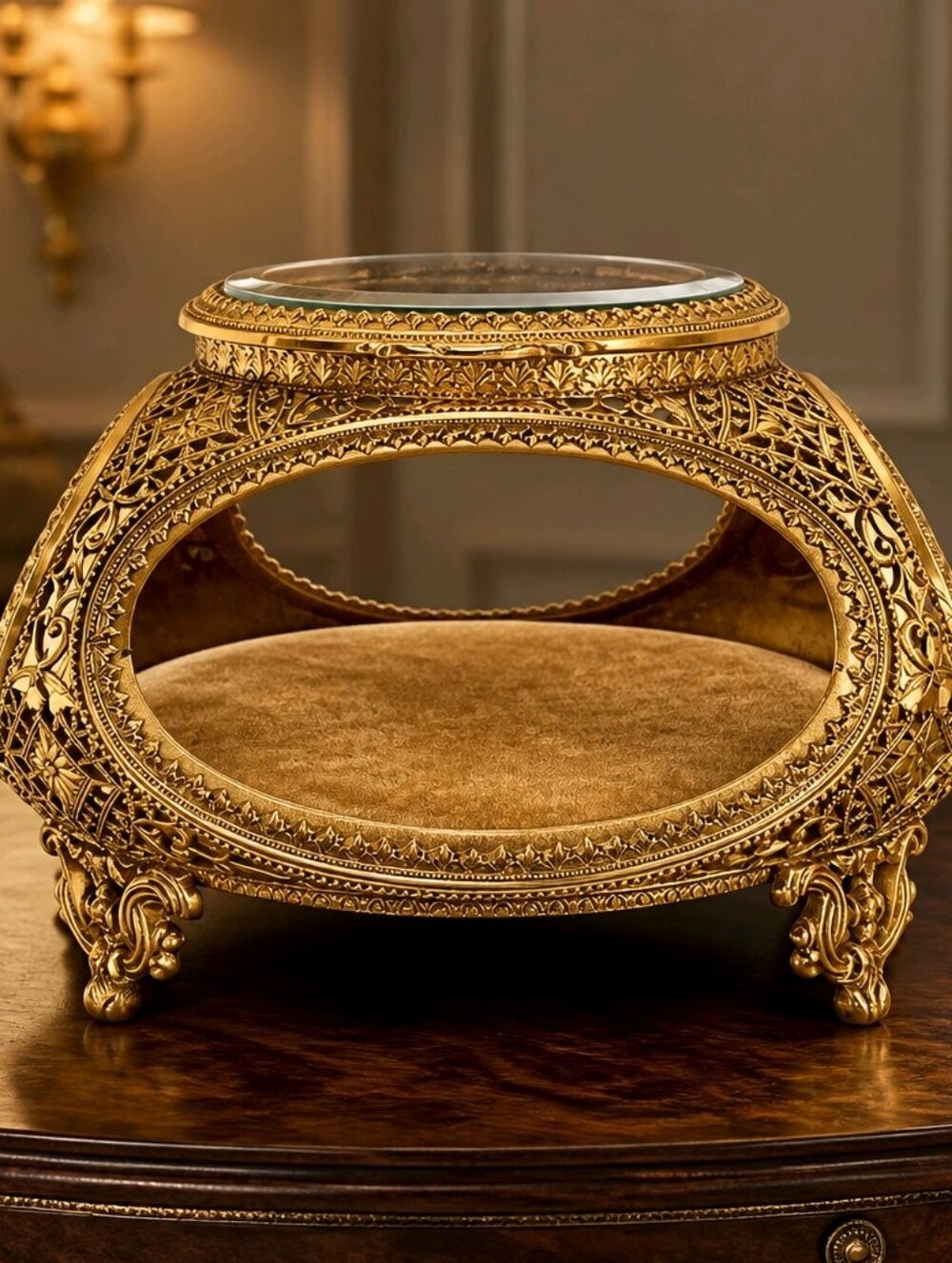 Vintage Ormolu Jewelry Casket Yellow Velvet Beveled Glass Trinket Box
